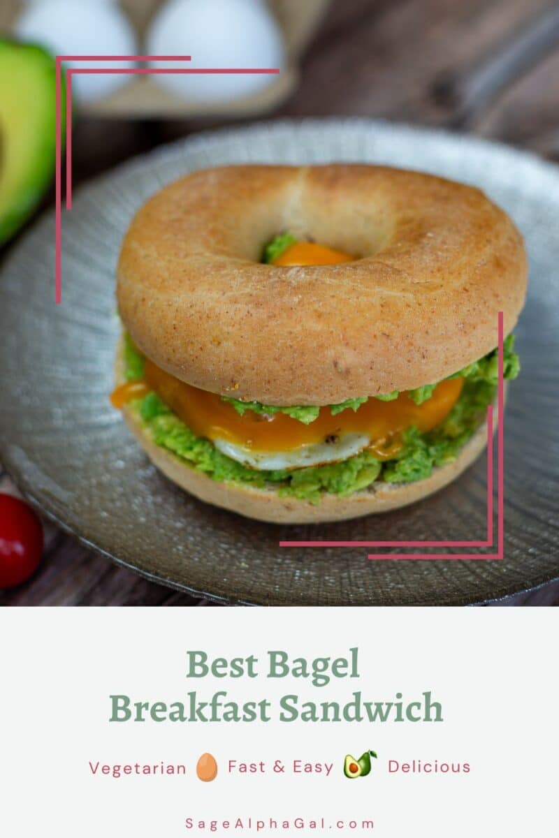 Bagel sandwich with lettuce, cheese, and avocado on a plate. Text reads: "Best Bagel Breakfast Sandwich - Vegetarian, Fast & Easy, Delicious.