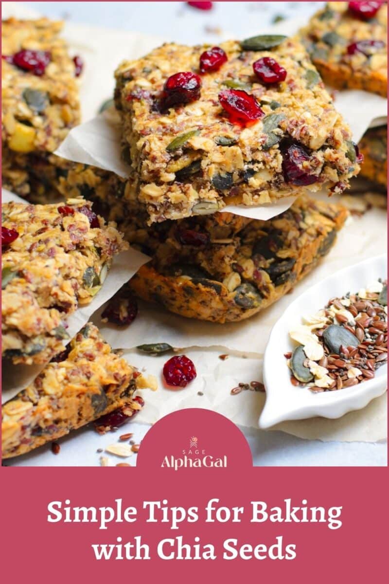 Granola bars with chia seeds and cranberries are stacked on parchment paper. The text below reads, "Simple Tips for Baking with Chia Seeds.