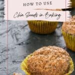 A muffin with chia seeds in a yellow wrapper is shown. Text above reads: "How to Use Chia Seeds in Baking.