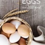 Basket of brown and white eggs on a wooden surface with the text "How to tell if your eggs are still good" above.