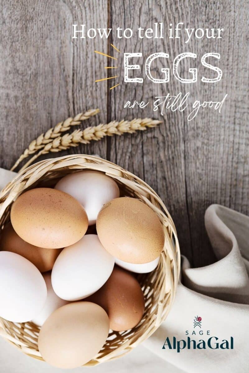 Basket of brown and white eggs on a wooden surface with the text "How to tell if your eggs are still good" above.