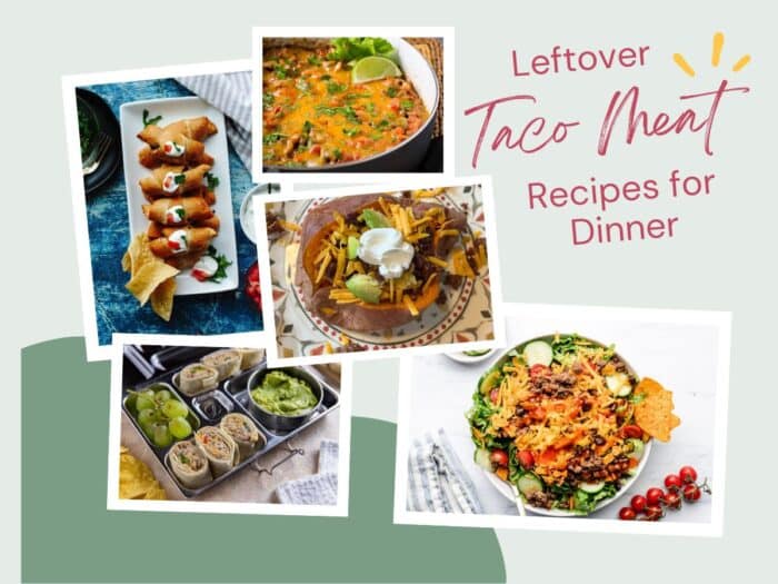 Collage of dinner recipes using leftover taco meat, including a casserole, taquitos, taco salad, wraps, and a taco pizza.