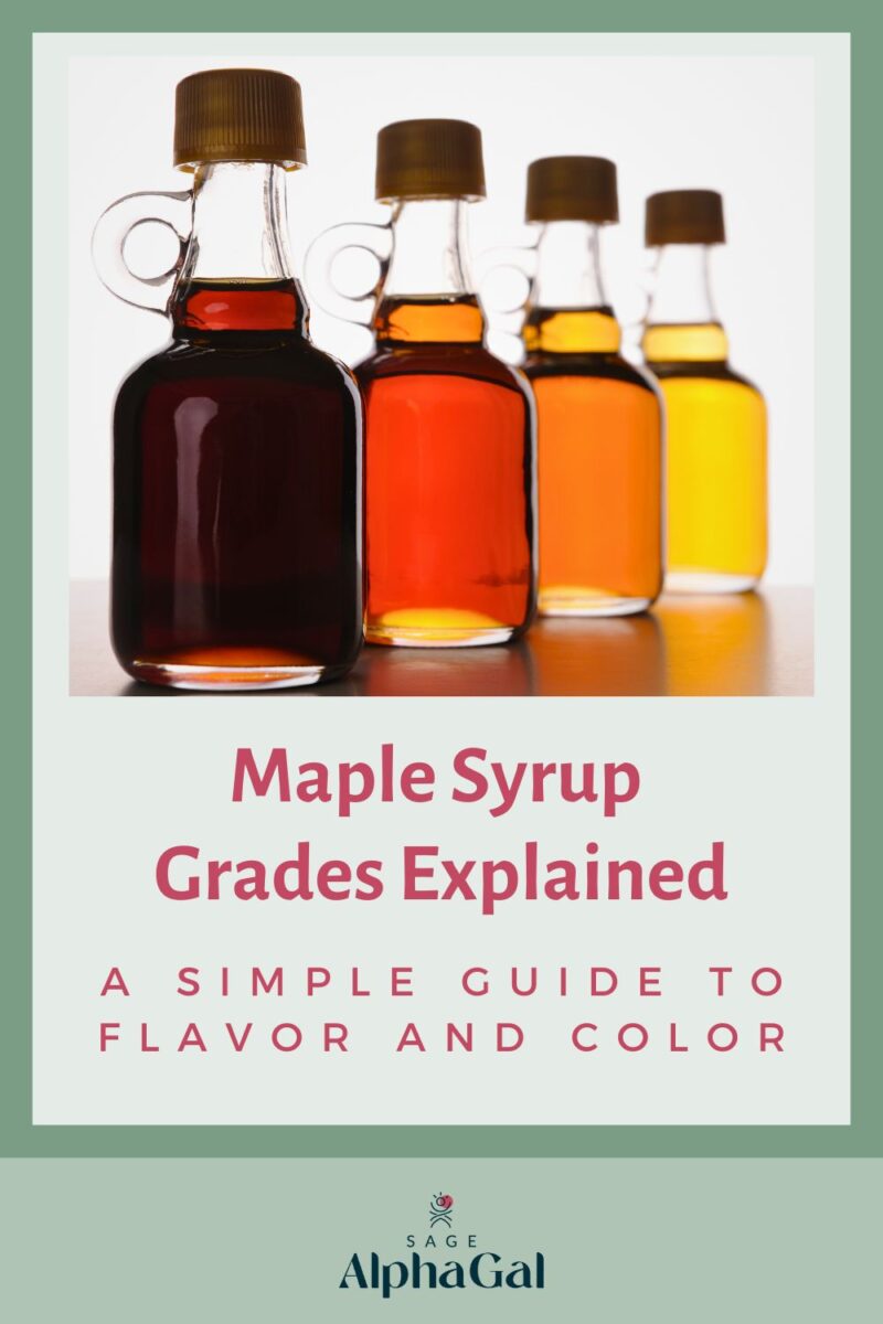 Four bottles of maple syrup in varying shades of amber to golden, labeled "Maple Syrup Grades Explained," with the text "A simple guide to flavor and color" below.