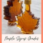 Two maple leaf-shaped bottles filled with maple syrup on a marble surface, with text about maple syrup grades and buying tips.