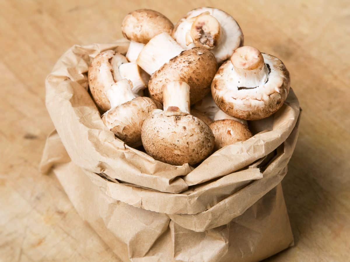 Brown mushrooms in a crumpled paper bag on a wooden surface.