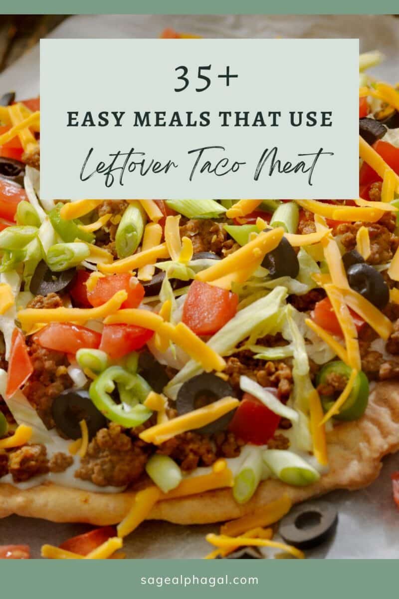 A pizza topped with ground meat, tomatoes, green onions, black olives, and shredded cheese. Text overlay: "35+ Easy Meals That Use Leftover Taco Meat.