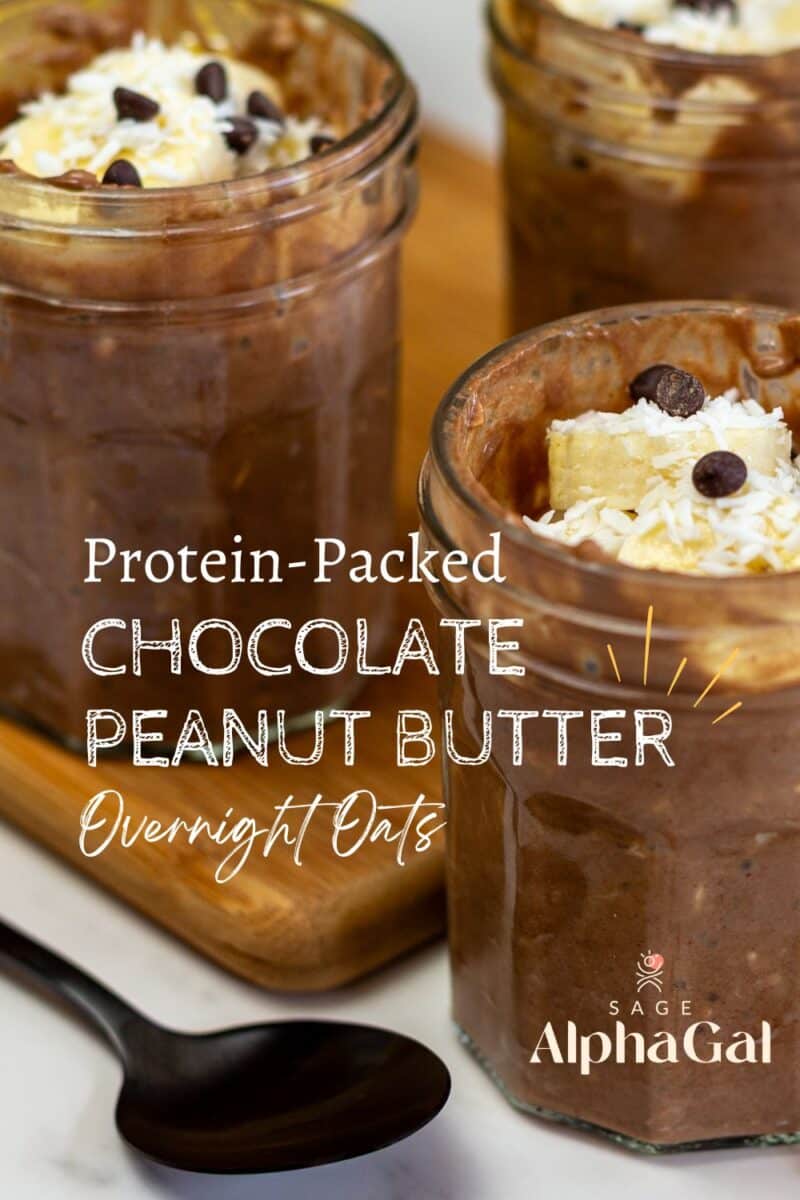 Jars of chocolate peanut butter overnight oats topped with banana slices, coconut, and chocolate chips on a wooden tray. Text reads "Protein-Packed Chocolate Peanut Butter Overnight Oats.