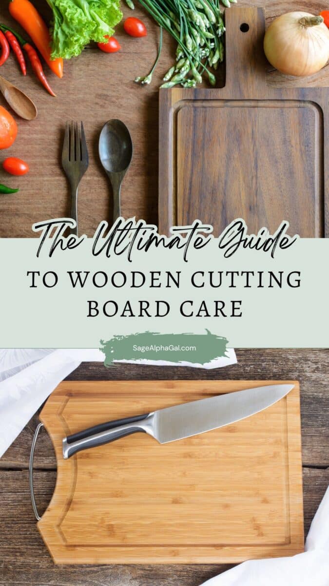 Two wooden cutting boards with vegetables and kitchen utensils. Text reads: "The Ultimate Guide to Wooden Cutting Board Care.