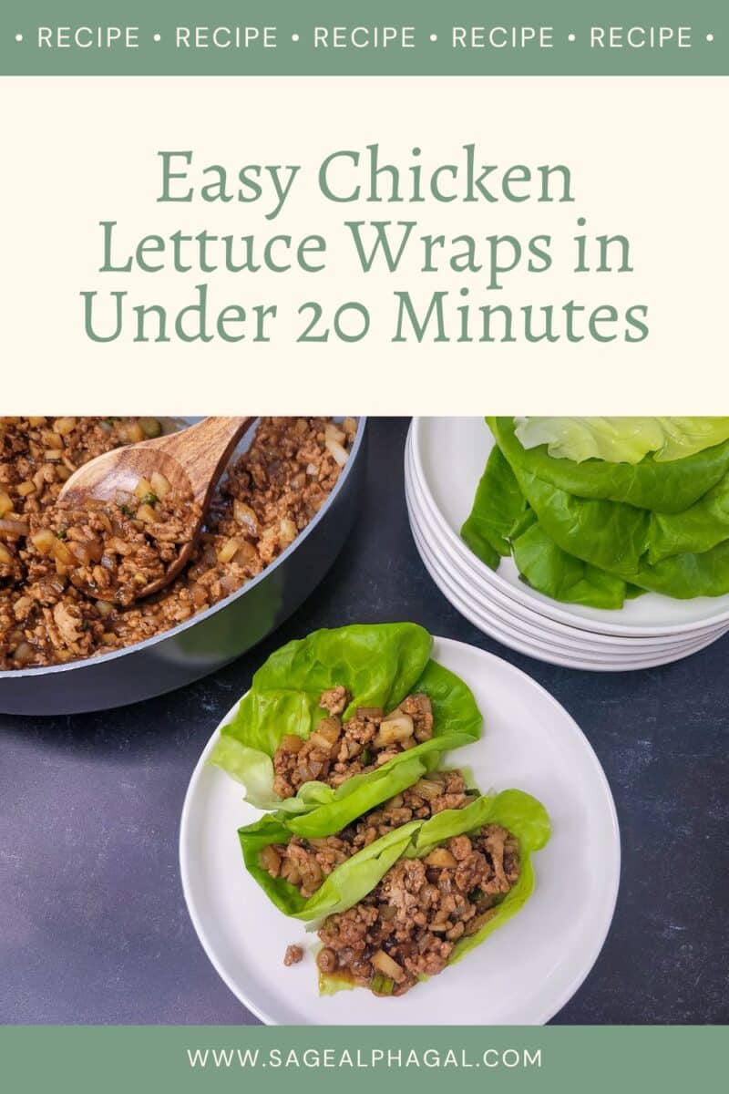 A bowl of cooked chicken mixture with a wooden spoon, plates of lettuce leaves, and two assembled lettuce wraps on a white plate.