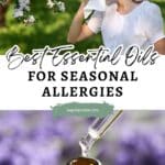 A woman wipes her nose with a tissue near blooming trees; below, a dropper dispenses oil into a brown bottle next to purple flowers. Text reads "Best Essential Oils for Seasonal Allergies.