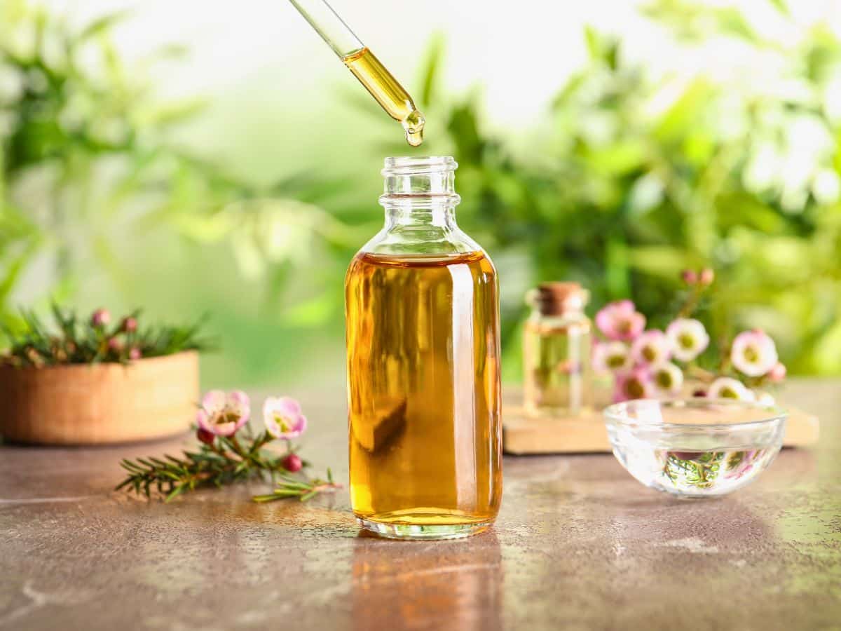 A dropper dispenses oil into a clear glass bottle on a table, with small flowers, greenery, and a shallow glass dish in the background.