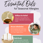 Infographic with tips for using essential oils for seasonal allergies, including diffusion, steam inhalation, bath soak, and pillow spray, with related images for each tip.