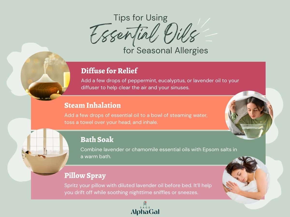 Infographic with four tips for using essential oils for seasonal allergies: diffuse, steam inhalation, bath soak, and pillow spray, each with a brief description and relevant images.