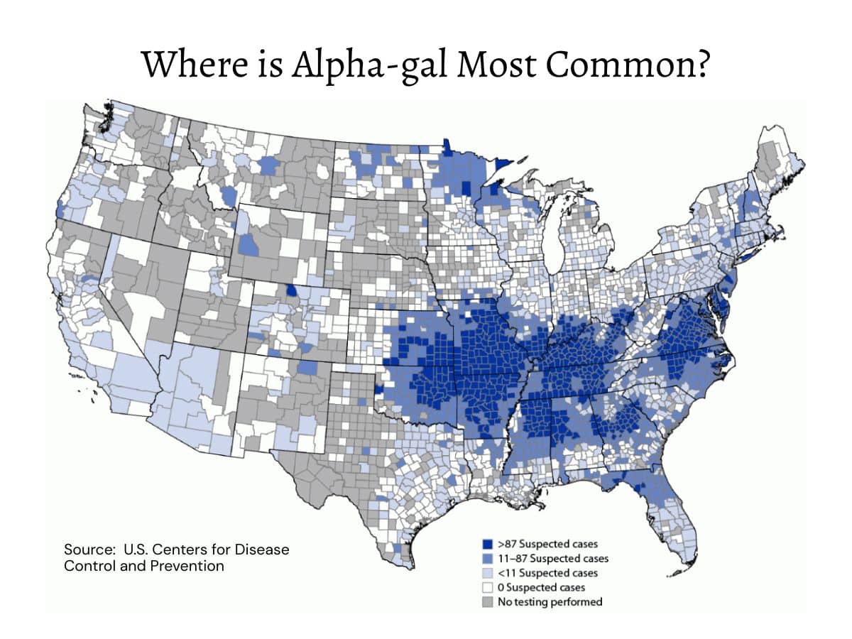 U.S. map showing suspected Alpha-gal cases by county; highest concentrations are in the Southeast, especially Arkansas, Kentucky, and surrounding states. Data source: CDC.