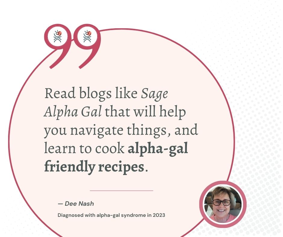 A testimonial quote from Dee Nash recommends reading Sage Alpha Gal and learning alpha-gal friendly recipes; Dee is pictured in a small circular photo.