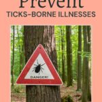 Caution sign with a tick symbol and “Danger!” text is posted on a tree in a forest, warning about tick-borne illnesses.