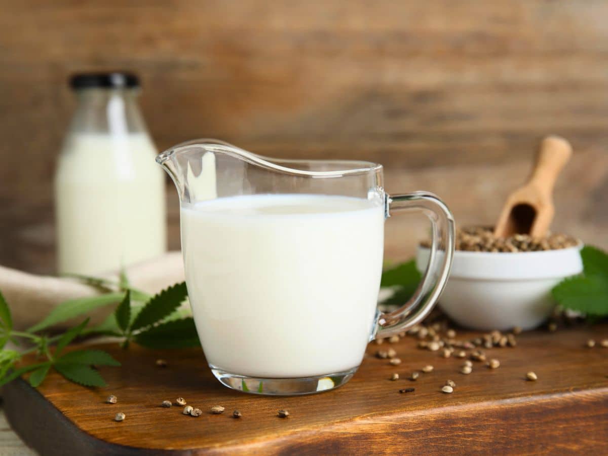 A glass pitcher filled with milk sits on a wooden board, with a bottle of milk, a bowl of seeds, and green leaves in the background.