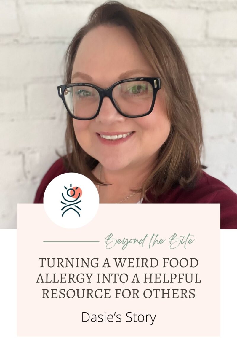 A woman with glasses smiles in front of a white brick wall. Text below reads: "Turning a weird food allergy into a helpful resource for others. Dasie&rsquo;s Story.