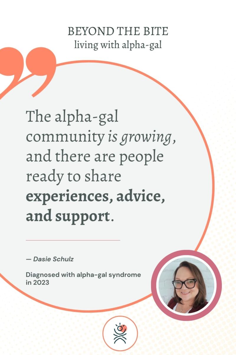A quote about the growing alpha-gal community is shown, with a small photo of a woman and text mentioning her 2023 diagnosis with alpha-gal syndrome.