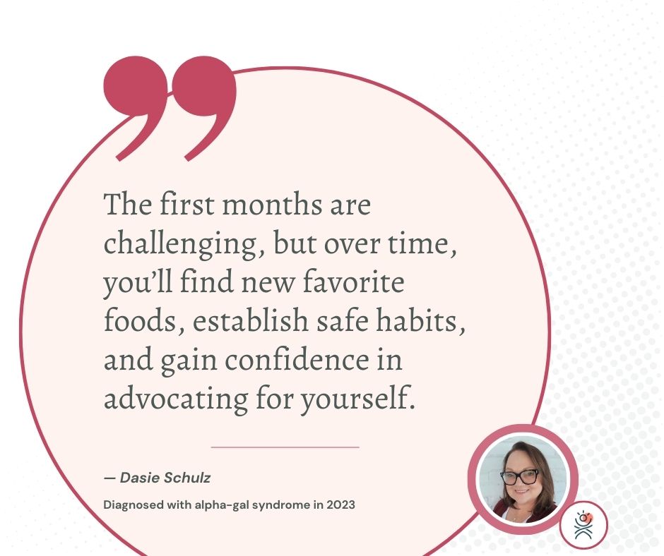 A quote about coping with alpha-gal syndrome is displayed in a speech bubble, with a small photo of Dasie Schulz and a medical icon in the corner.