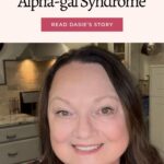 A woman smiling in a kitchen, with text above her reading "Diagnosed with Alpha-gal Syndrome" and a button labeled "Read Dasie's Story.