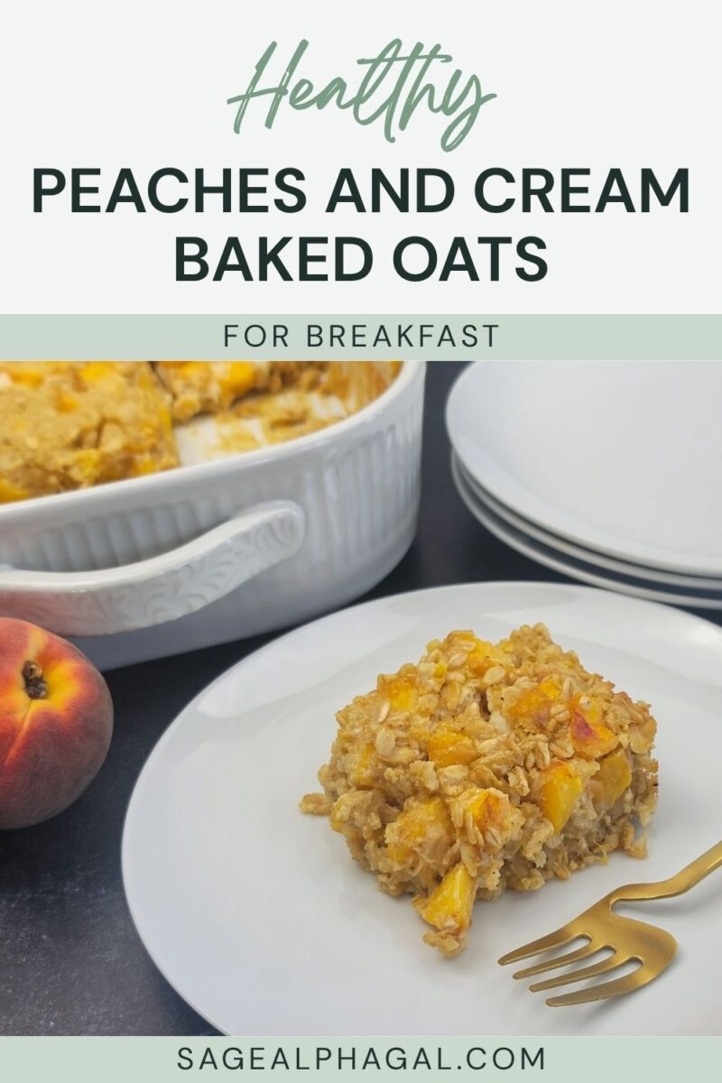 A square of peaches and cream baked oats is served on a white plate with a gold fork beside a peach and a baking dish with more oats.