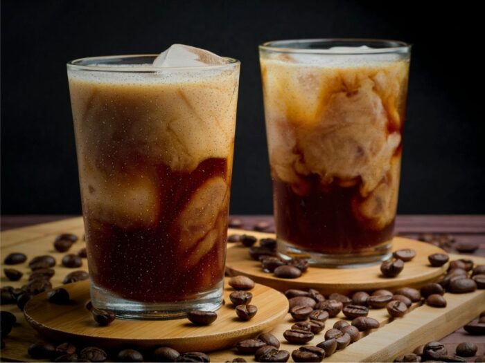 Two glasses of iced coffee with swirling cream are on wooden coasters, surrounded by scattered coffee beans on a table.